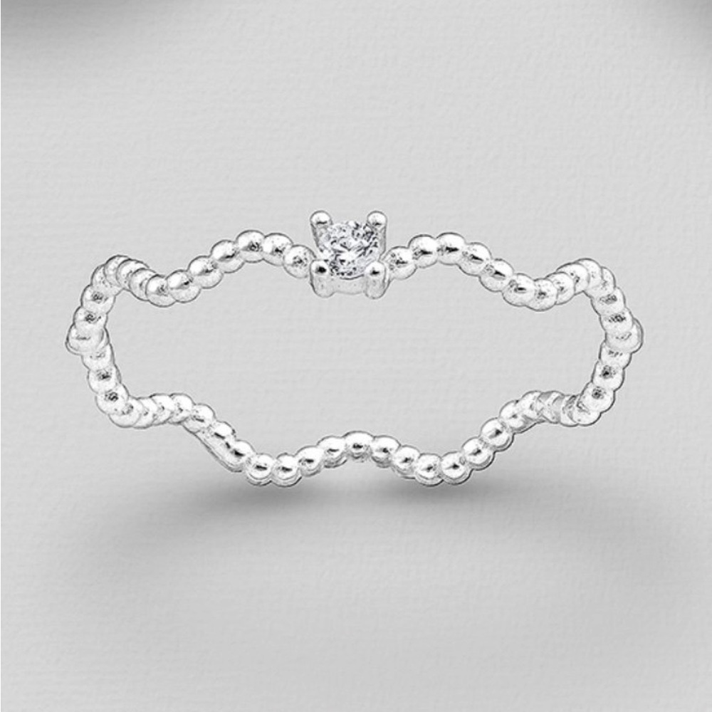 Sterling Silver Beaded Wave Ring with Single CZ Accent - Silver
